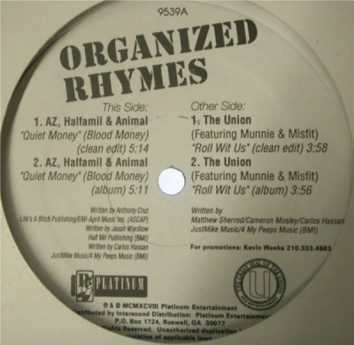 AZ, Halfamil & Animal / The Union – Organized Rhymes EP (Vinyl) (1998) (FLAC + 320 kbps)